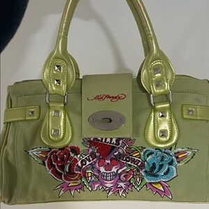 Vintage Ed Hardy Olive Green Satchel with Rhinestone Skull & Rose Motif